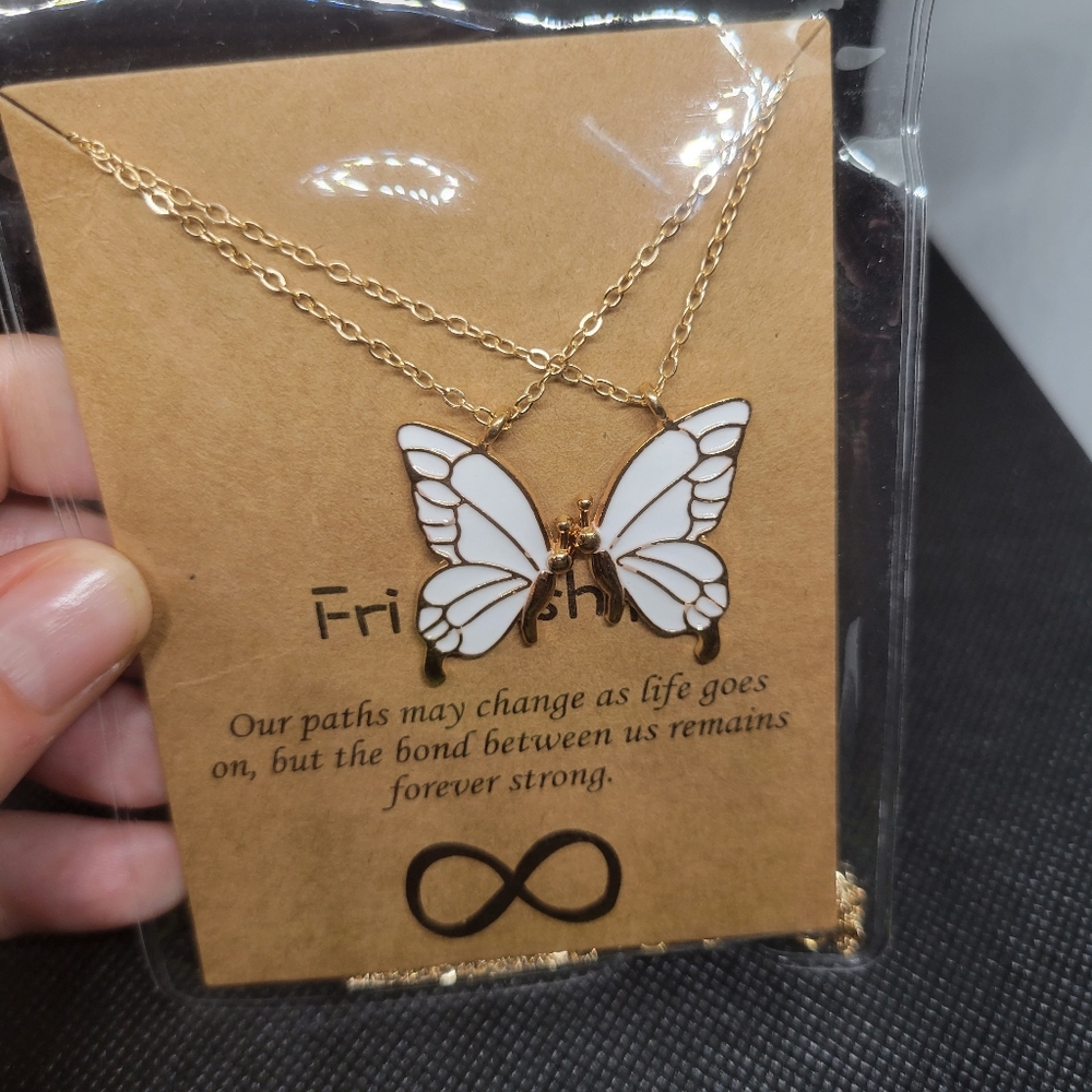 White butterfly friendship necklace set